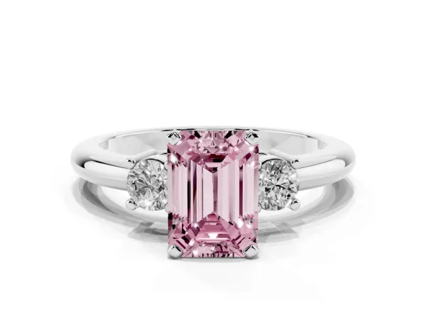 Fancy Pink Three-Stone Emerald Cut Cut Diamond Solitaire with Prong Setting and Classic Band Platinum