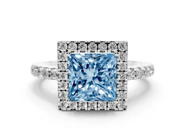 Fancy Blue Princess Cut Halo Diamond Engagement Ring with Pavé Band and Four-Prong Setting Platinum