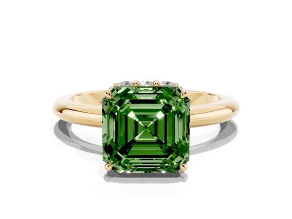 Fancy Green Asscher Cut Brilliant Solitaire Engagement Ring with Six-Prong Setting and Classic Band Yellow gold