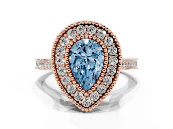 Fancy Blue Pear Cut Diamond Halo Ring with Milgrain Frame and Pavé Band Rose gold