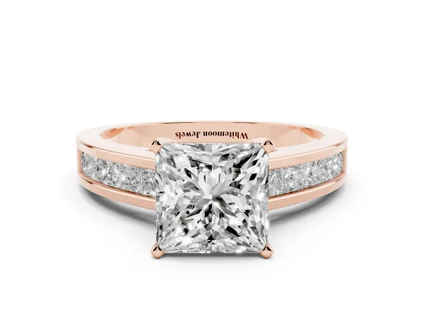 Princess Cut Solitaire Diamond Ring with Channel-Set Band and Four-Prong Setting Rose gold