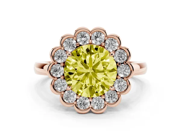 Fancy Yellow Round Cut Halo Cluster Diamond Engagement Ring with Solitaire Band and Prong Setting Rose gold