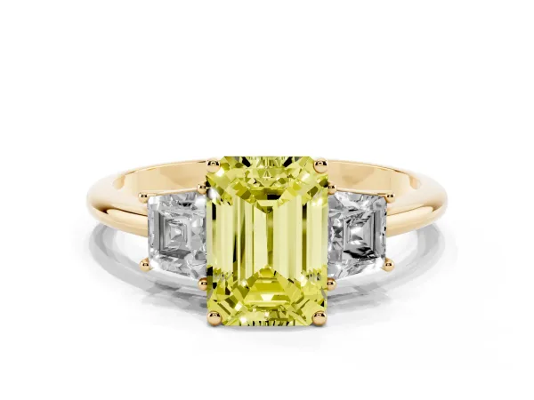 Fancy Yellow Emerald Cut Diamond Three-Stone Ring with Trapezoid Side Stones and Prong Setting Yellow gold