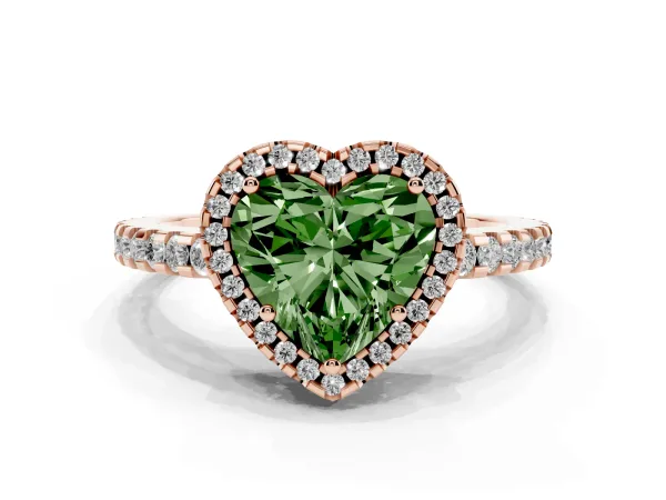 Fancy Green Heart Cut Diamond Halo Engagement Ring with Pavé Band and Prong Setting Rose gold