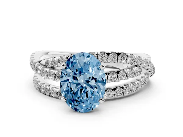 Fancy Blue Oval Cut Solitaire Twist Band with Pavé Setting and Four-Prong Setting Platinum
