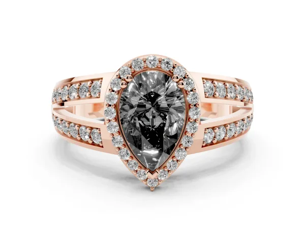 Fancy Black Pear Cut Diamond Halo Ring with Split Shank Pavé Band and Four-Prong Setting Rose gold