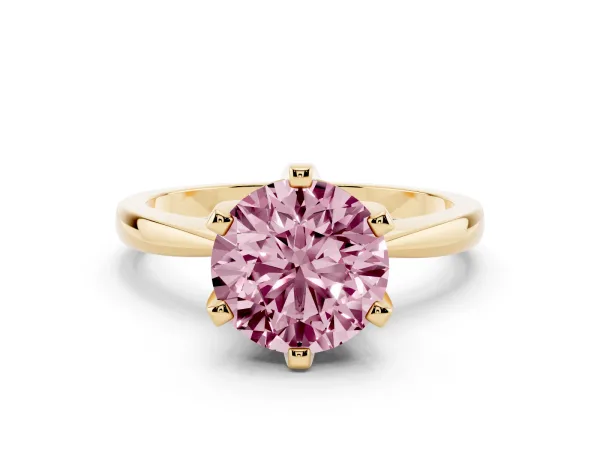 Fancy Pink Round Cut Solitaire Engagement Ring with Six-Prong Setting and Tapered Band Yellow gold