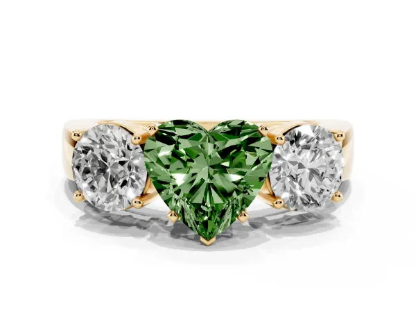 Fancy Green Three-Stone Heart Cut Diamond Ring with Round Side Stones, Classic Band, and Four-Prong Setting Yellow gold