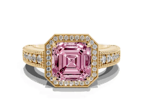 Fancy Pink Asscher Cut Cut Halo Diamond Ring with Pavé Band and Four-Prong Setting Yellow gold