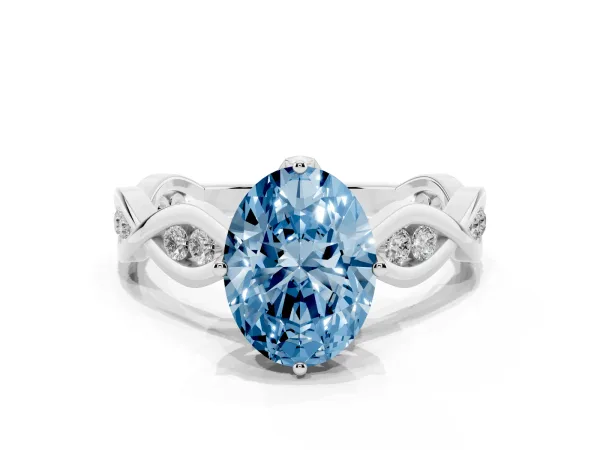 Fancy Blue Oval Cut Solitaire Twist Band with Leaf Prong Setting Platinum
