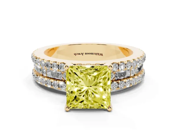 Fancy Yellow Princess Cut Diamond Solitaire Ring with Pavé and Channel Set Band Yellow gold
