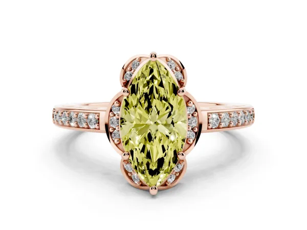 Fancy Yellow Marquise Cut Cut Halo Diamond Ring with Channel Set Band and Four-Prong Setting Rose gold