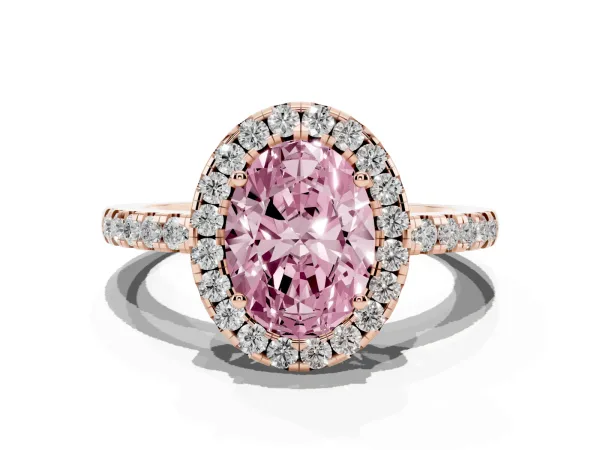 Fancy Pink Oval Cut Halo Diamond Engagement Ring with Pavé Band and Four-Prong Setting Rose gold