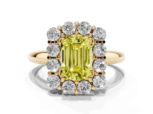 Fancy Yellow Emerald Cut Halo Cluster Diamond Engagement Ring with Prong Setting and Polished Band Yellow gold