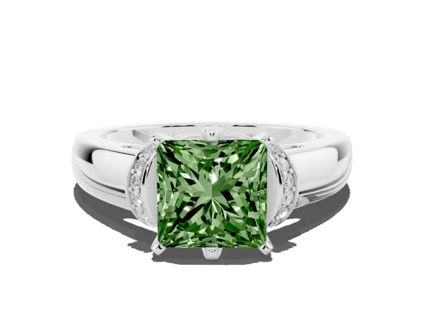 Fancy Green Princess Cut Solitaire Diamond Ring with Pave Band and Six-Prong Setting White gold