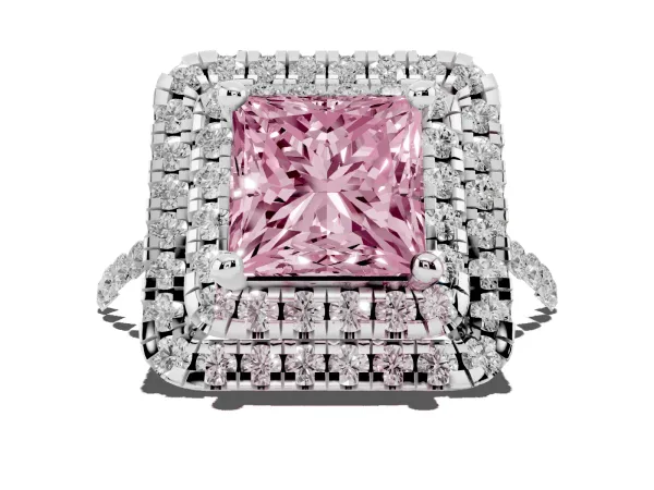 Fancy Pink Double Halo Princess Cut Diamond Pavé Band with Four-Prong Setting White gold