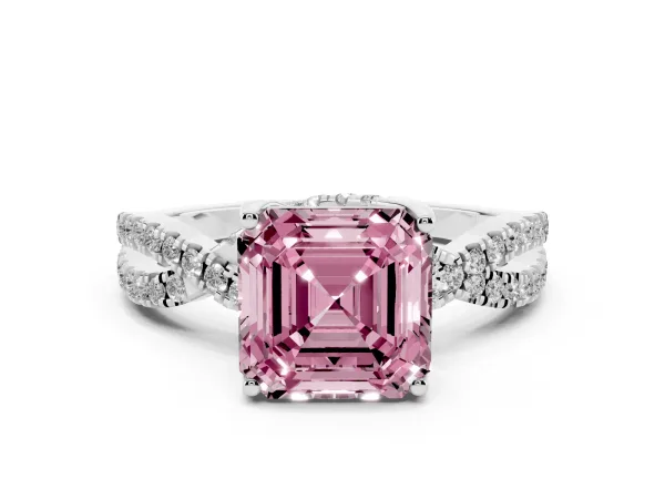 Fancy Pink Asscher Cut Solitaire Twist Pave Diamond Engagement Ring with Prong Setting White gold