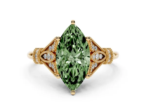 Fancy Green Marquise Cut Diamond Solitaire Ring with Floral Filigree and Pave Accents Yellow gold