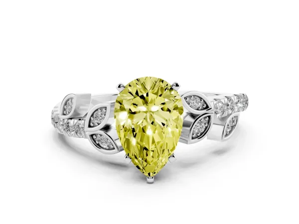 Fancy Yellow Pear Cut Solitaire Leaf-Inspired Diamond Ring with Pavé Band and Four-Prong Setting White gold