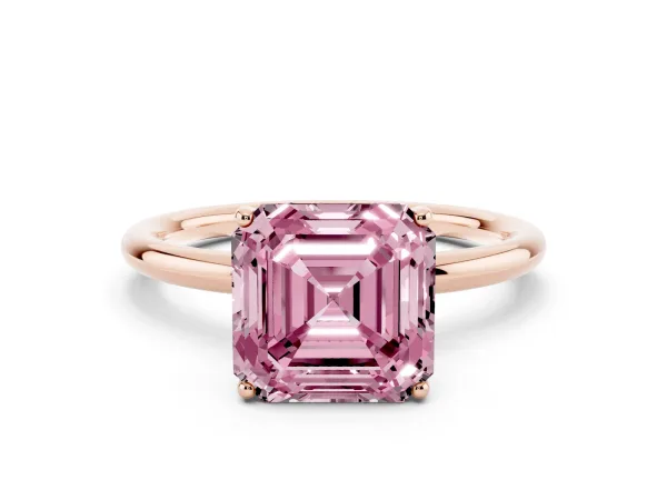 Fancy Pink Asscher Cut Solitaire Diamond Ring with a Classic Band and Four-Prong Setting Rose gold