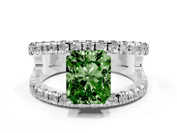 Fancy Green Radiant Cut Solitaire Split Shank Pave Diamond Ring Platinum