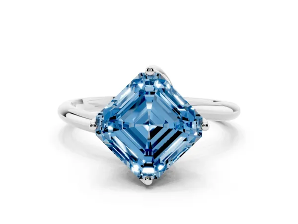 Fancy Blue Asscher Cut Diamond Solitaire Engagement Ring with Four-Prong Setting and Classic Band Platinum