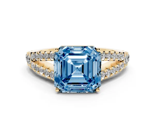 Fancy Blue Asscher Cut Diamond Split Shank Engagement Ring with Round Pavé and Prong Setting Yellow gold