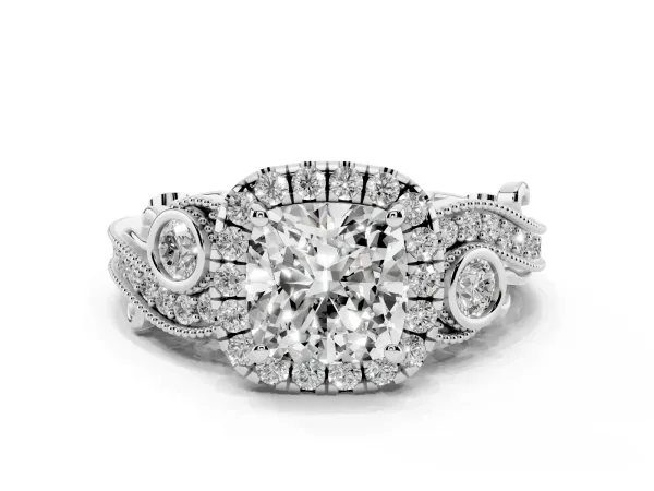 Cushion Cut Halo Diamond Ring with Milgrain and Bezel Accents on a Split Shank Band White gold