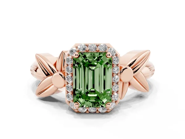 Fancy Green Emerald Cut Halo Diamond Floral Band with Four-Prong Setting Rose gold