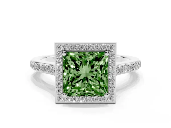 Fancy Green Princess Cut Diamond Halo Engagement Ring with Round Pavé Shoulders and Prong Setting White gold