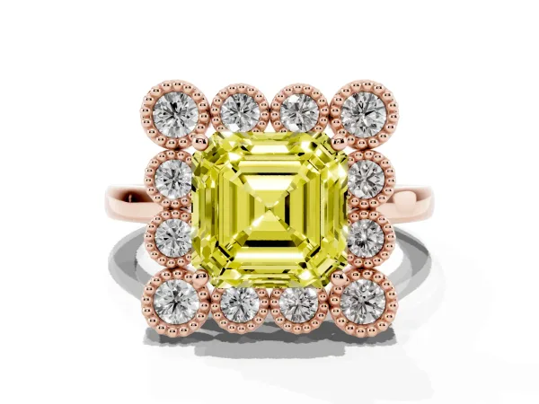 Fancy Yellow Asscher Cut Halo Diamond Cluster Engagement Ring with Milgrain Bezel Setting and Solitaire Band Rose gold