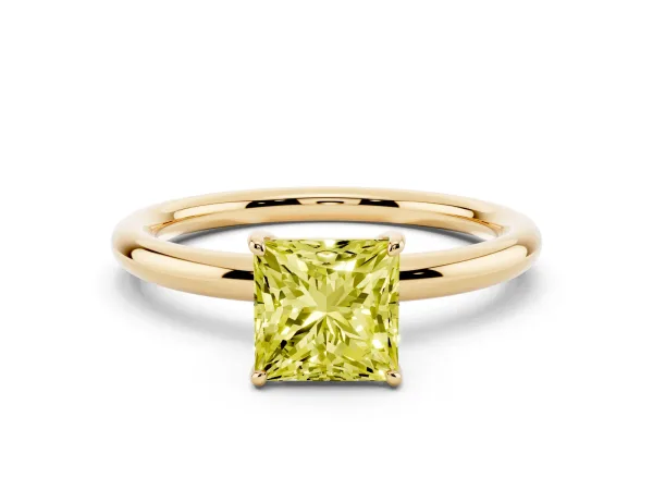 Fancy Yellow Princess Cut Solitaire Diamond Ring with Four-Prong Setting on a Plain Band Yellow gold