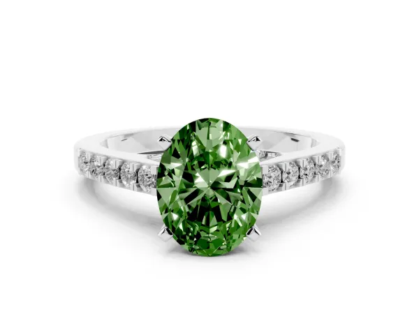 Fancy Green Oval Cut Diamond Solitaire Ring with Crossover Gallery and Round Pavé Band White gold