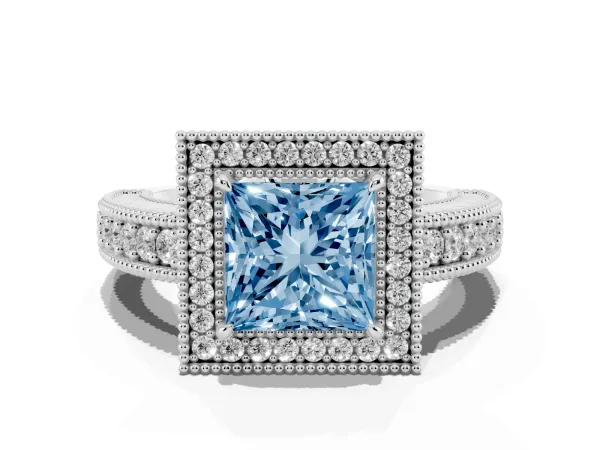 Fancy Blue Princess Cut Cut Halo Diamond Ring with Pavé Band and Four-Prong Setting Platinum