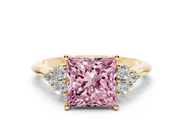 Fancy Pink Princess Cut Cut Diamond Cluster Ring with Solitaire Band and Four-Prong Setting Yellow gold