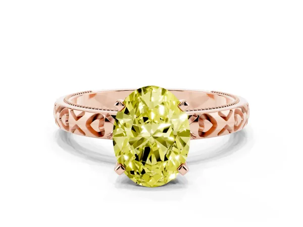 Fancy Yellow Oval Cut Solitaire Diamond Engagement Ring with XO Engraved Band and Four-Prong Setting Rose gold