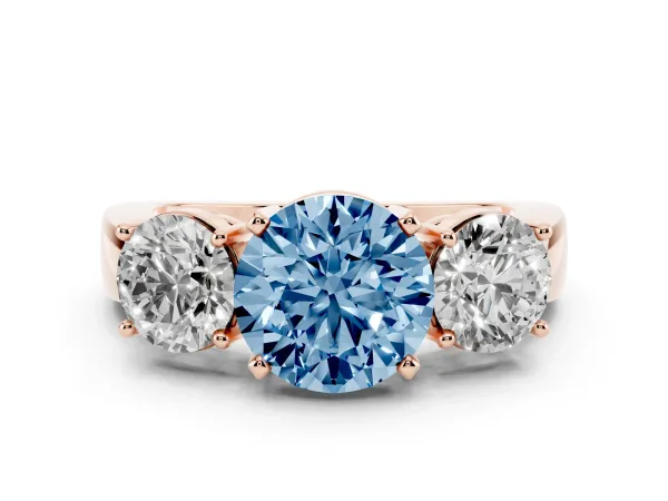 Fancy Blue Three-Stone Round Cut Diamond Ring with Round Side Stones, Classic Band, and Four-Prong Setting Rose gold