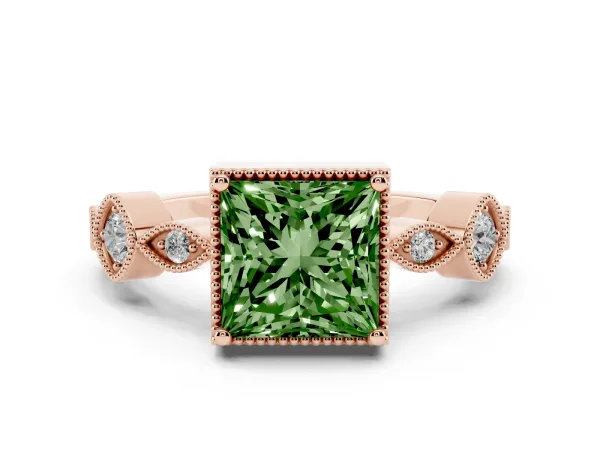 Fancy Green Princess Cut Diamond Vintage Milgrain Ring with Round Stations Rose gold