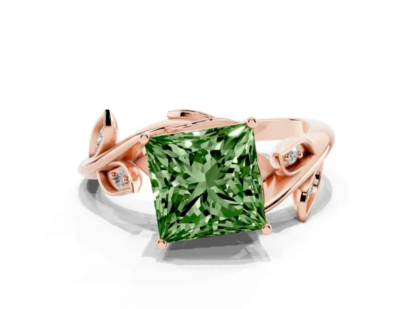 Fancy Green Princess Cut Solitaire Twist Engagement Ring with Leaf Accents and Prong Setting Rose gold