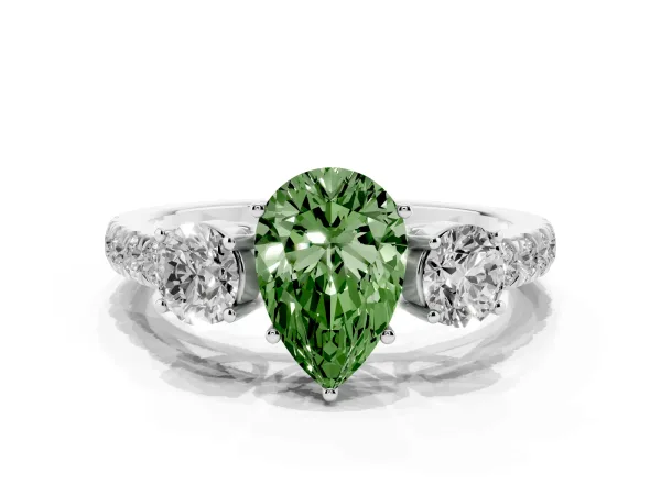 Fancy Green Pear Cut Cut Diamond Three-Stone Ring with Round Side Stones and Pavé Band Platinum