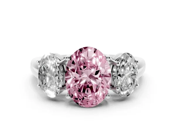 Fancy Pink Three-Stone Oval Cut Diamond Engagement Ring with Prong Setting Platinum