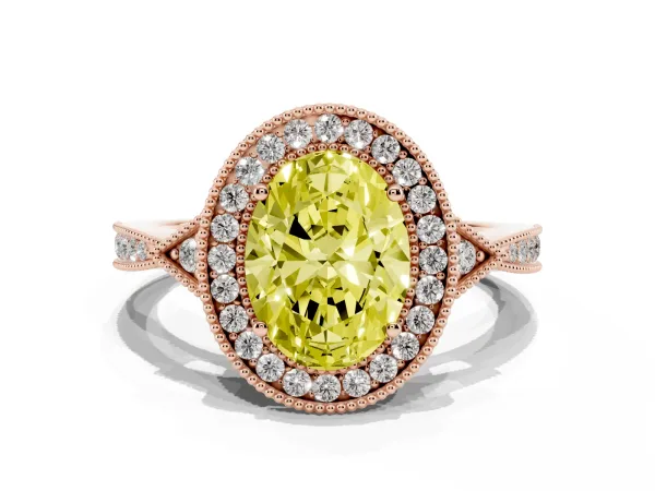 Fancy Yellow Oval Cut Halo Round Diamond Milgrain Pave Engagement Ring Rose gold
