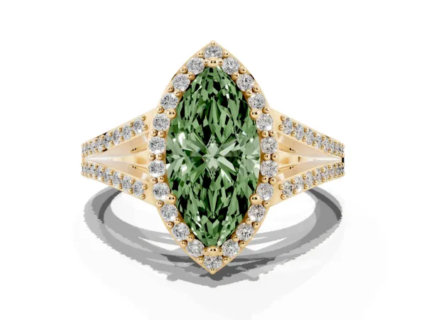 Fancy Green Marquise Cut Halo Split Shank Diamond Ring with Prong Setting Yellow gold