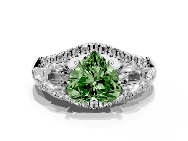 Fancy Green Three-Stone Heart Cut Diamond Engagement Ring with Pave Band and Prong Setting White gold