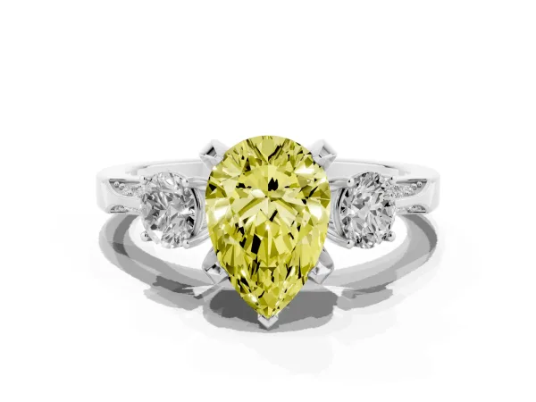Fancy Yellow Pear Cut Brilliant Three-Stone Diamond Ring with Pavé Band and Four-Prong Setting Platinum