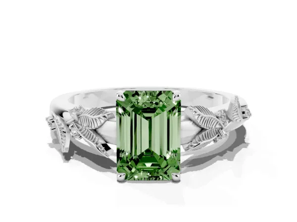 Fancy Green Emerald Cut Diamond Solitaire Ring with Leaf Motif Band and Four-Prong Setting White gold