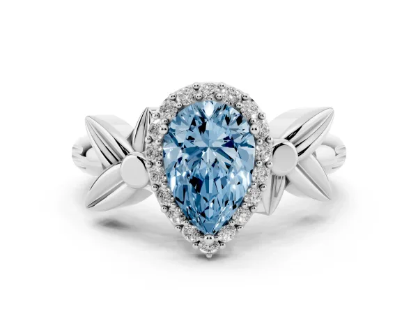 Fancy Blue Pear Cut Halo Diamond Floral Band with Four-Prong Setting White gold