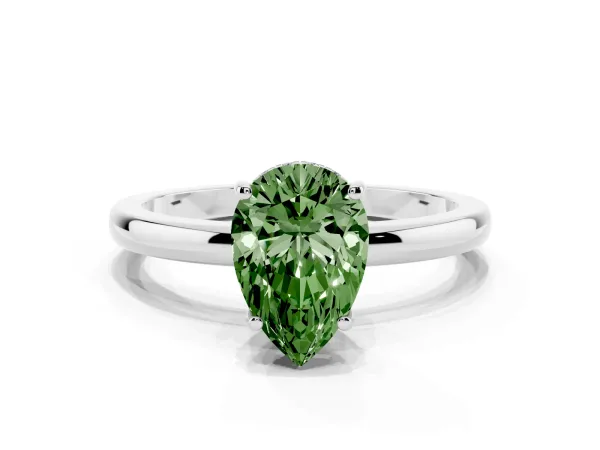 Fancy Green Pear Cut Solitaire Diamond Ring with Prong Setting and Plain Band Platinum