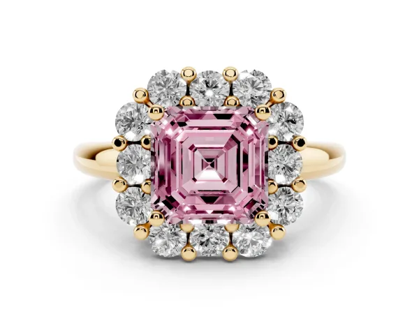 Fancy Pink Asscher Cut Halo Cluster Diamond Engagement Ring with Prong Setting and Polished Band Yellow gold