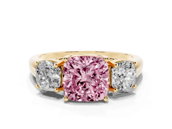 Fancy Pink Three-Stone Cushion Cut Diamond Engagement Ring with Prong Setting Yellow gold
